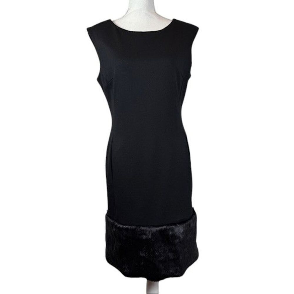 Adrienne Landau Sleeveless Sheath Dress Faux Fur Trim Hem Black Size Medium